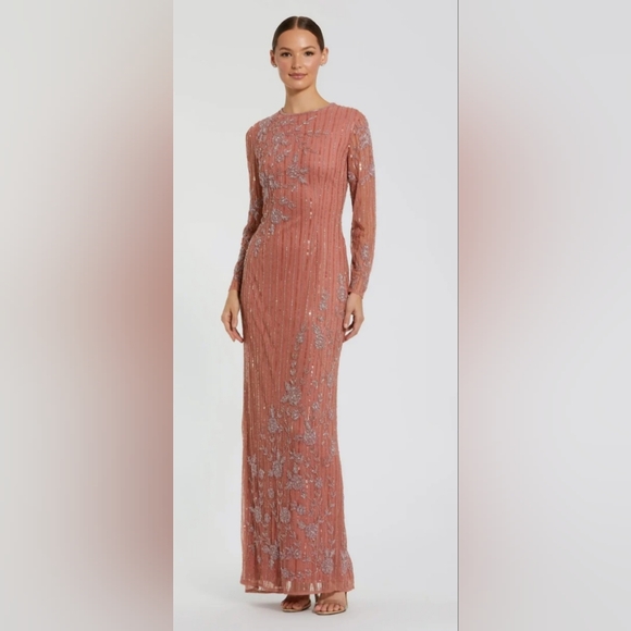 Mac Duggal Pink Embellished High Neck Illusion Long Sleeve Gown Size 6 & 8 NWT